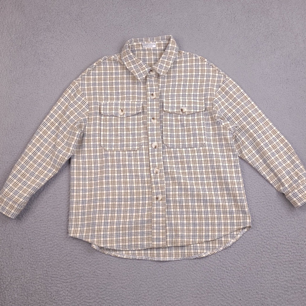 Paper Crane Women Plaid Shacket Medium Cream Tan Blue Button Down Shirt Jacket